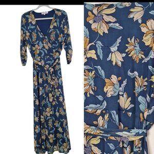 Harlow & Rose Boho V neck Green floral print Wrap Maxi Dress Large 3/4 sleeve